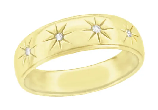 1950's Retro Modern Yellow Gold Tapered Starburst Diamond Wedding Band for a Man