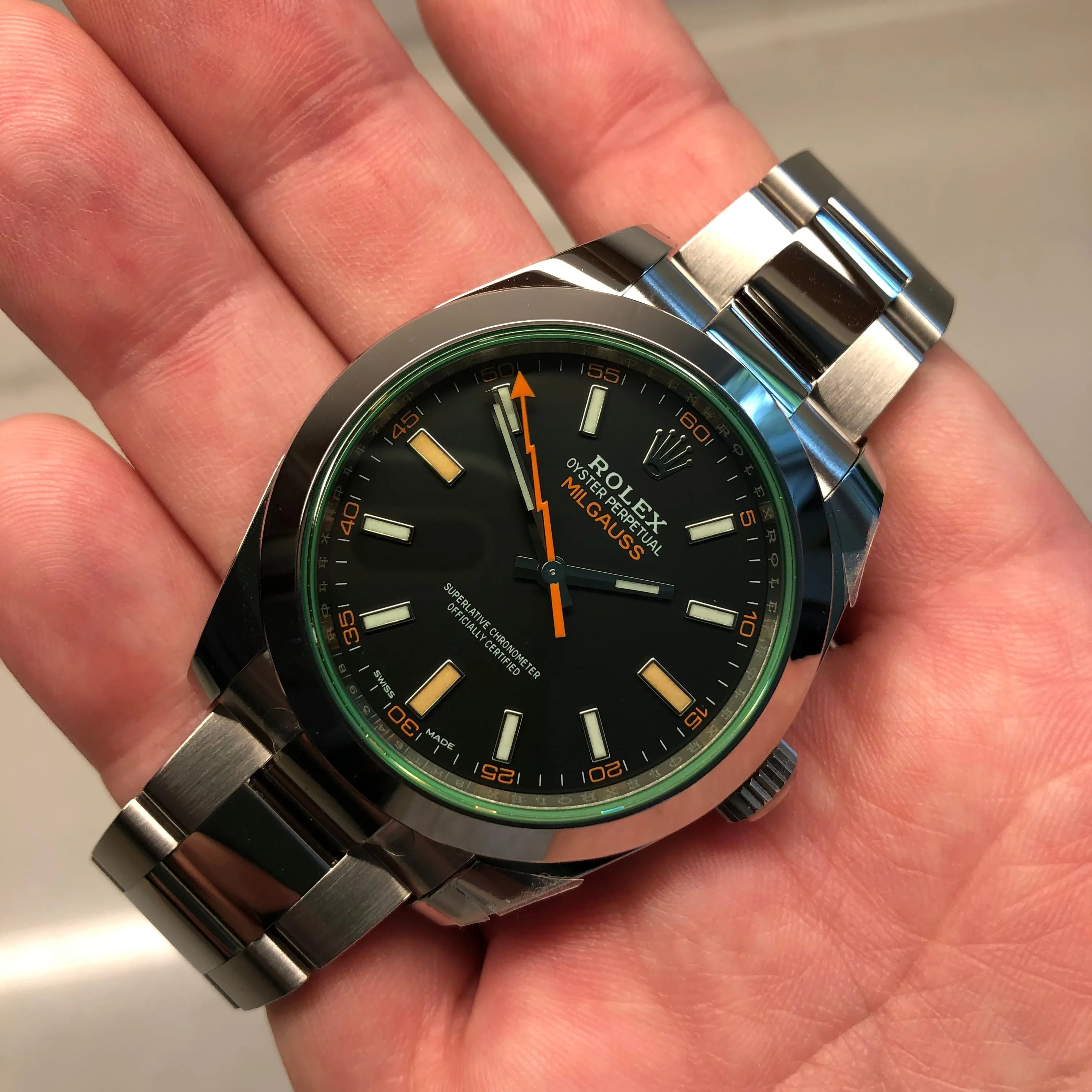2022 Rolex Milgauss 116400GV Green Steel Oyster Wristwatch with Box and Papers Unworn