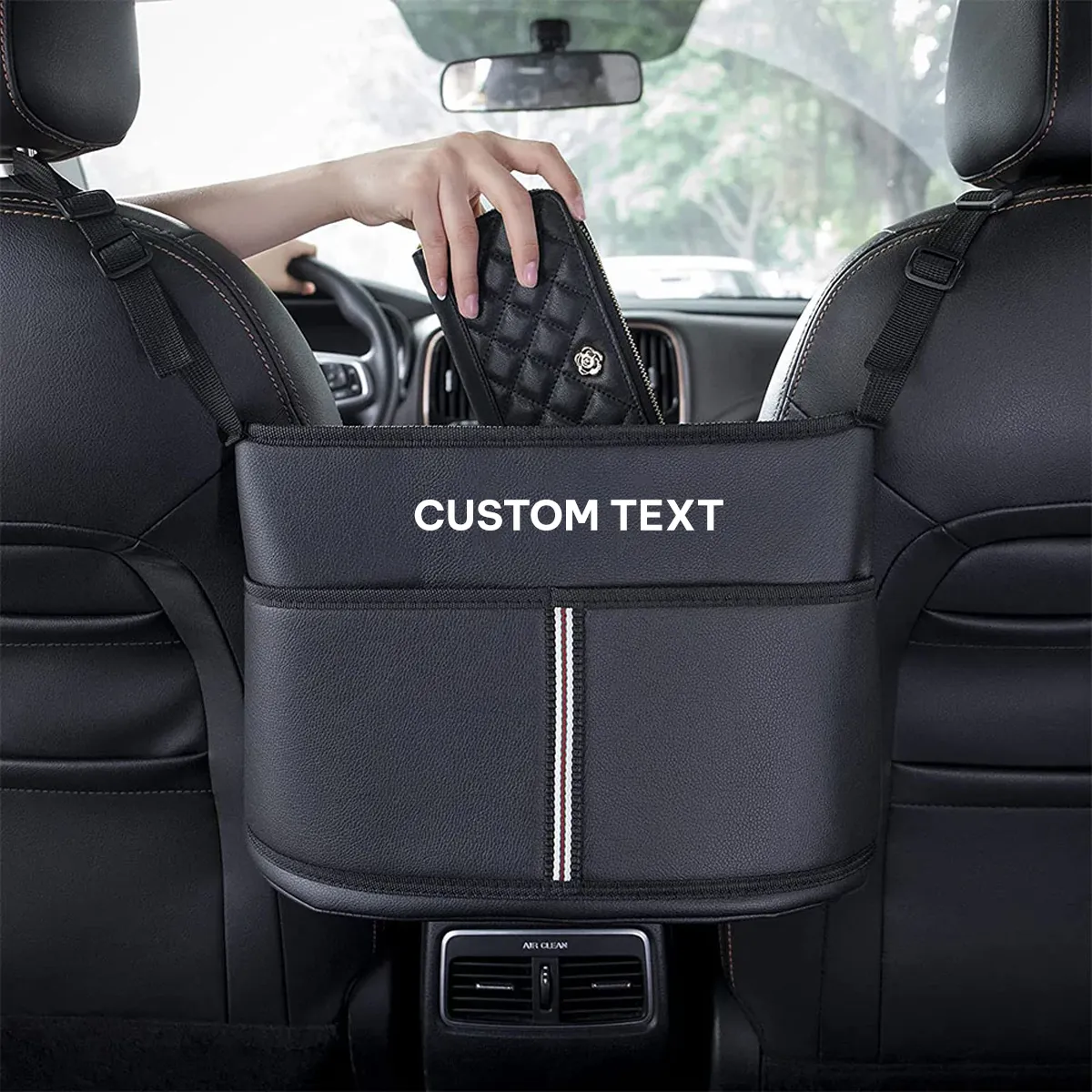 Custom Text For Car Purse Holder for Car Handbag Holder Between Seats Premium PU Leather, Compatible with All Cars, Auto Driver Or Passenger Accessories Organizer, Hanging Car Purse Storage Pocket Back Seat Pet Barrier SA11991