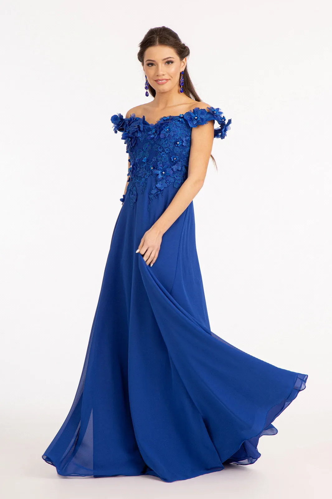 GL 3018 - Off The Shoulder A-Line Prom Gown with  3D Floral Applique Bodice Leg Slit & Corset Back