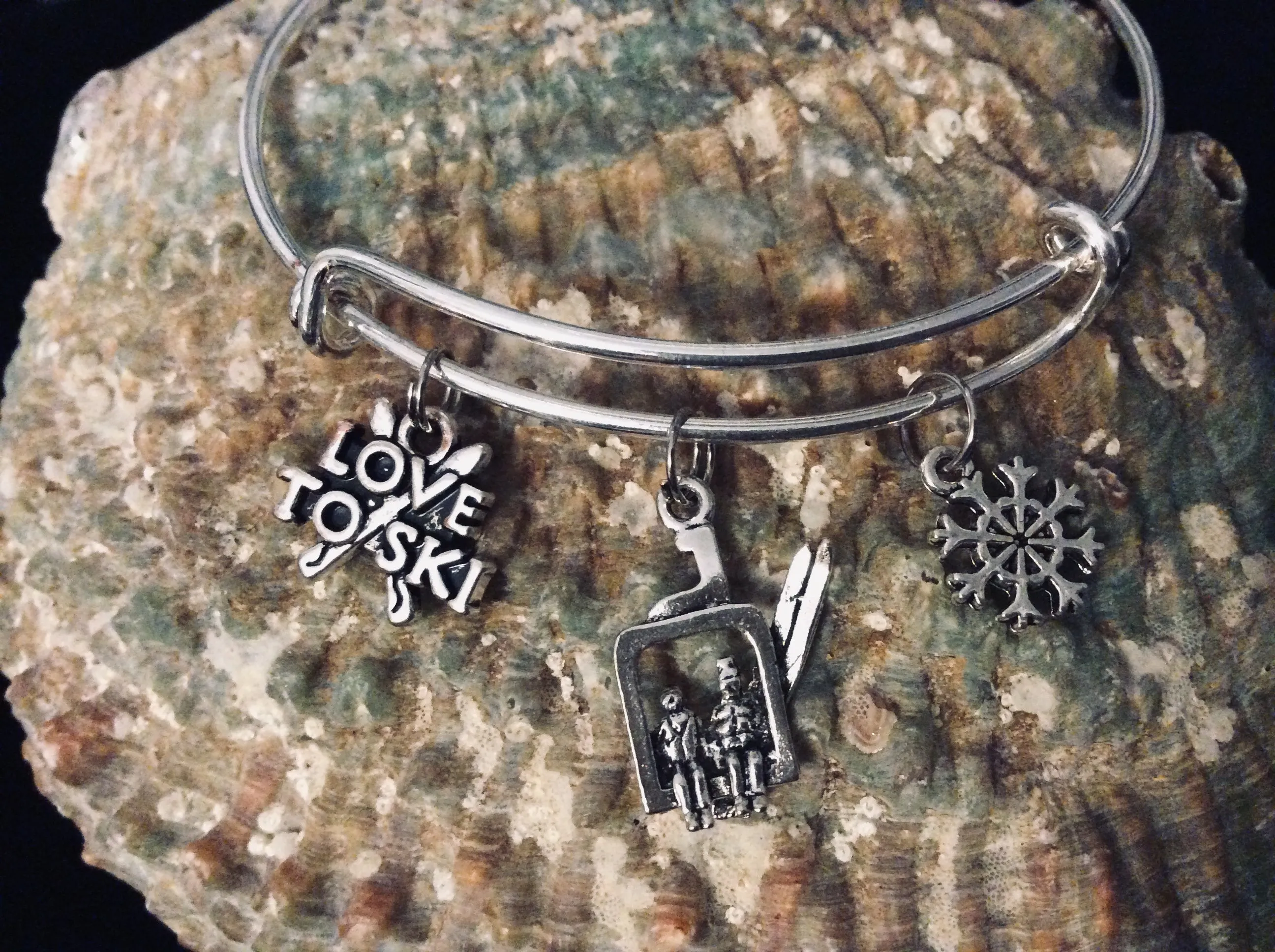 Love to Ski Jewelry Expandable Charm Bracelet Silver Adjustable Bangle Ski Lift Skier Snow Sport One Size Fits All Gift
