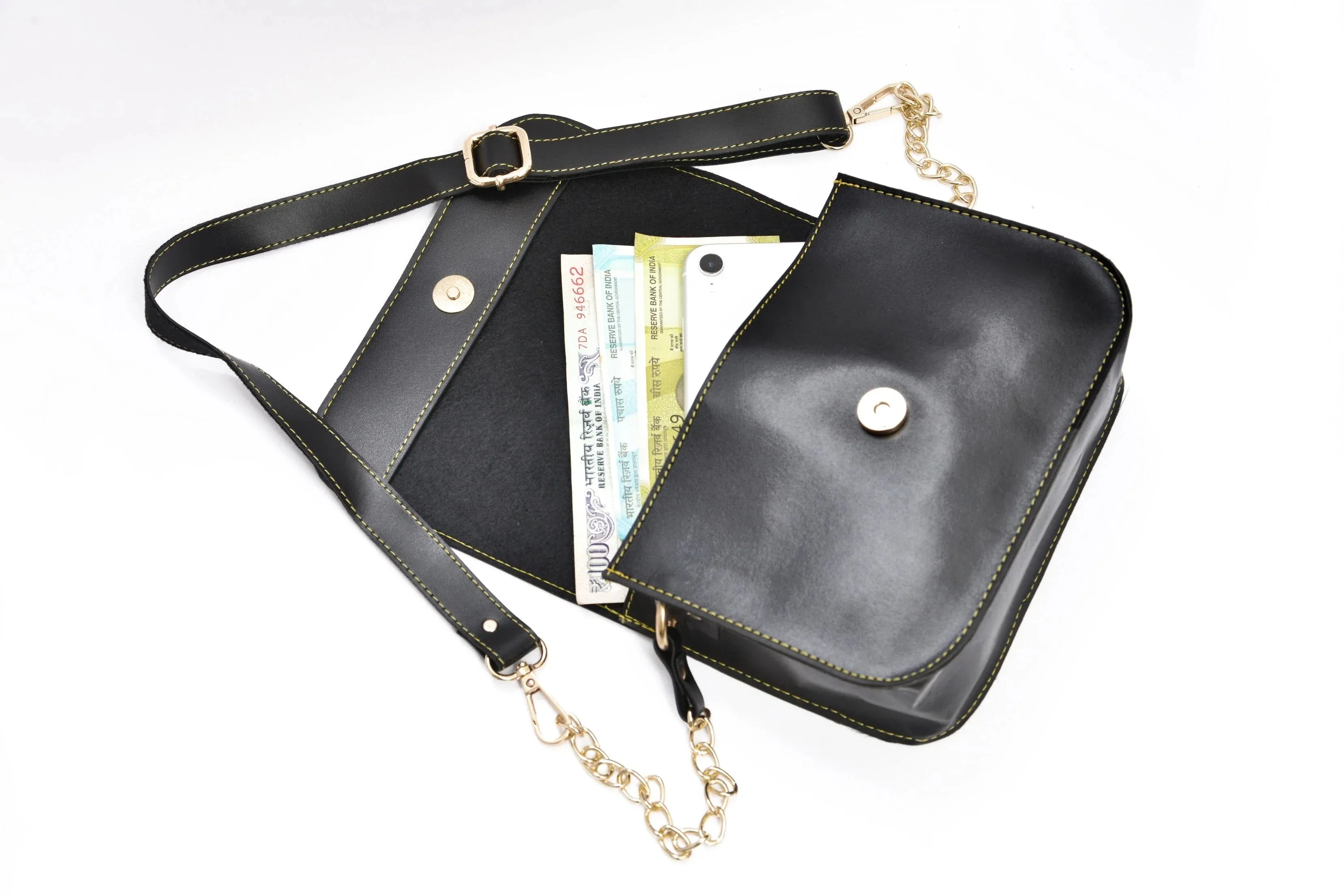 Personalized Couple's Combo : Chained Sling Bag ( Product 1 ) & Men's Wallet (Product 2) - Black