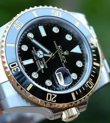 ROLEX 18k GOLD & STEEL MENS SUBMARINER WATCH FACTORY DIAMOND DIAL WARRANTY CARD